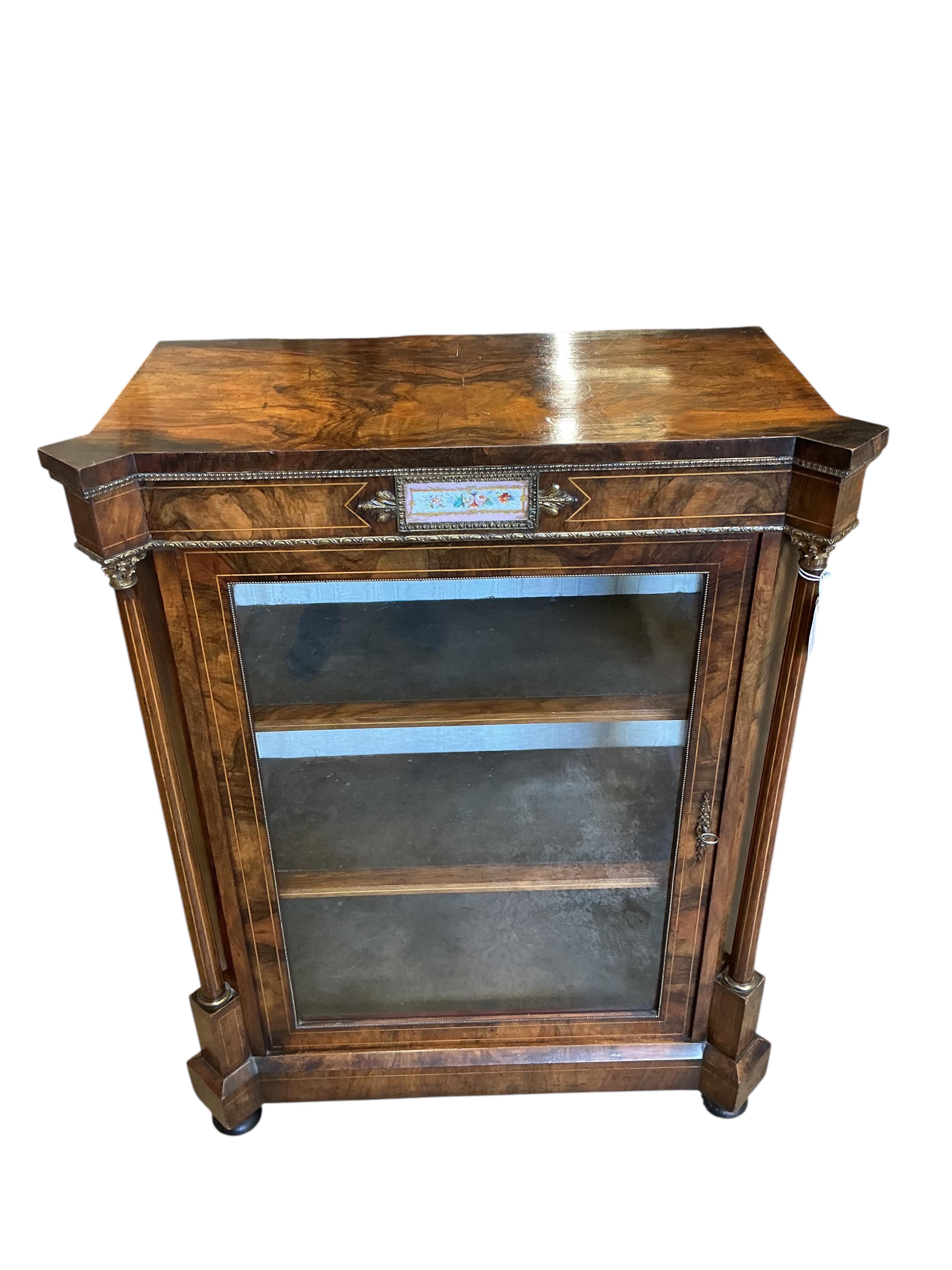 A Victorian walnut and porcelain mounted pier cabinet, width 82cm, depth 40cm, height 108cm